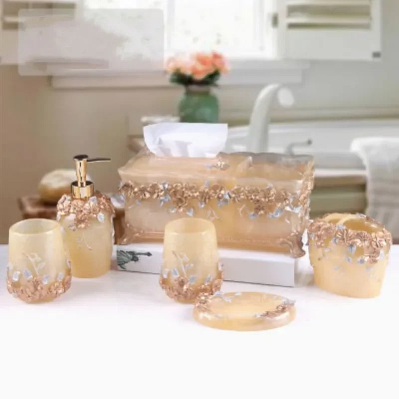 5-Piece Resin Bathroom Accessory Set, European Retro Toilet Set with Soap Dispenser, Tissue Holder, Toilet Brush & Cotton Swab Box