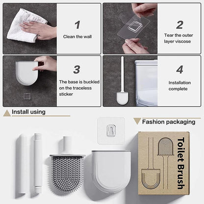 Wall Hanging Toilet Brush with Holder – Long Handled Silicone Toilet Brush with Soft Bristles WC Cleaning Brush Bathroom Accessory