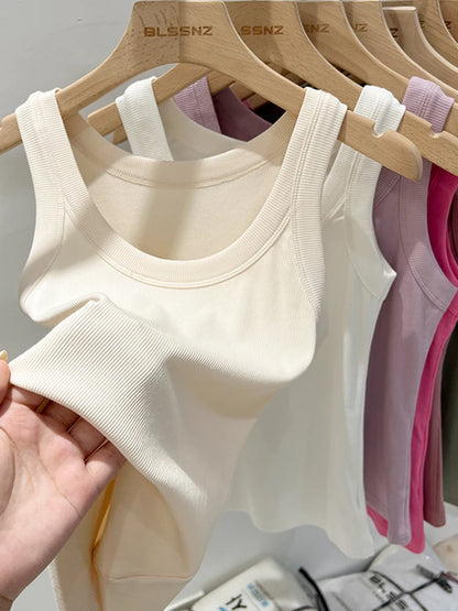 Women’s Ribbed Cotton Tank Top Solid Color Round Neck Camisole, High Stretch Summer Basic O-Neck Sleeveless Casual Top