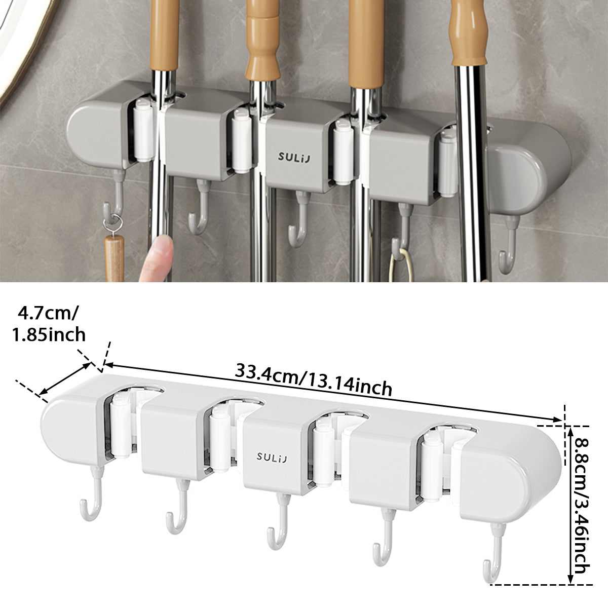 Wall Mounted Broom & Mop Holder with Hooks – No-Drill Self-Adhesive Storage Rack for Kitchen & Home