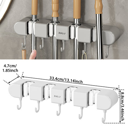 Wall Mounted Broom & Mop Holder with Hooks – No-Drill Self-Adhesive Storage Rack for Kitchen & Home