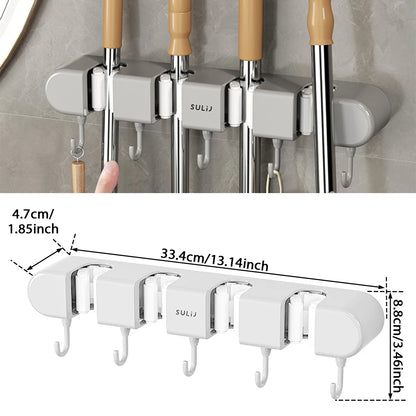 Wall Mounted Broom & Mop Holder with Hooks – No-Drill Self-Adhesive Storage Rack for Kitchen & Home