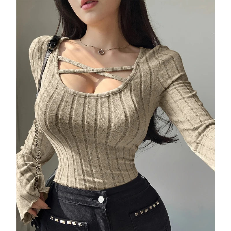 Women’s Ribbed Knit Long Sleeve T-Shirt with Square Neck and Cross Strap, Slim Fit Solid Color Casual Top for Autumn and Winter Streetwear