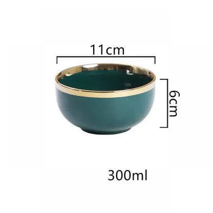 Luxury Green Ceramic Dinnerware Set with Gold Rim, Porcelain Plates & Bowls for Dessert, Salad & Soup