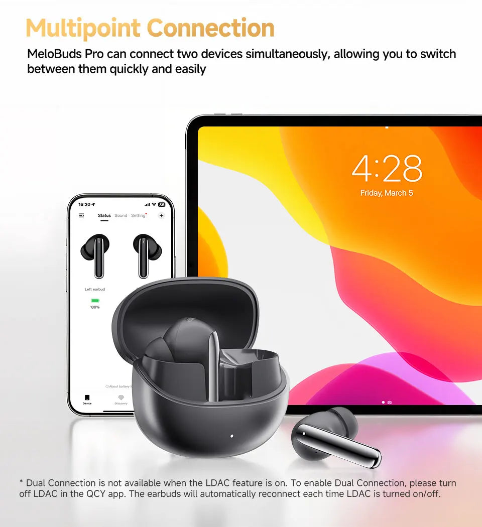 QCY MeloBuds Pro Adaptive Hybrid Active Noise Cancelling Wireless Earbuds, 46dB ANC, Bluetooth 5.3, LDAC Hi-Res Audio, 34H Playtime, Fast Charging, Touch Control, IP55 – Black