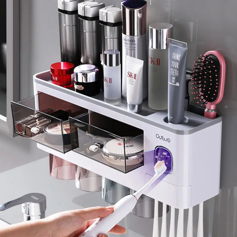 Bathroom Accessories Set with Automatic Toothpaste Dispenser, Magnetic Inverted Toothbrush Holder & Storage Rack