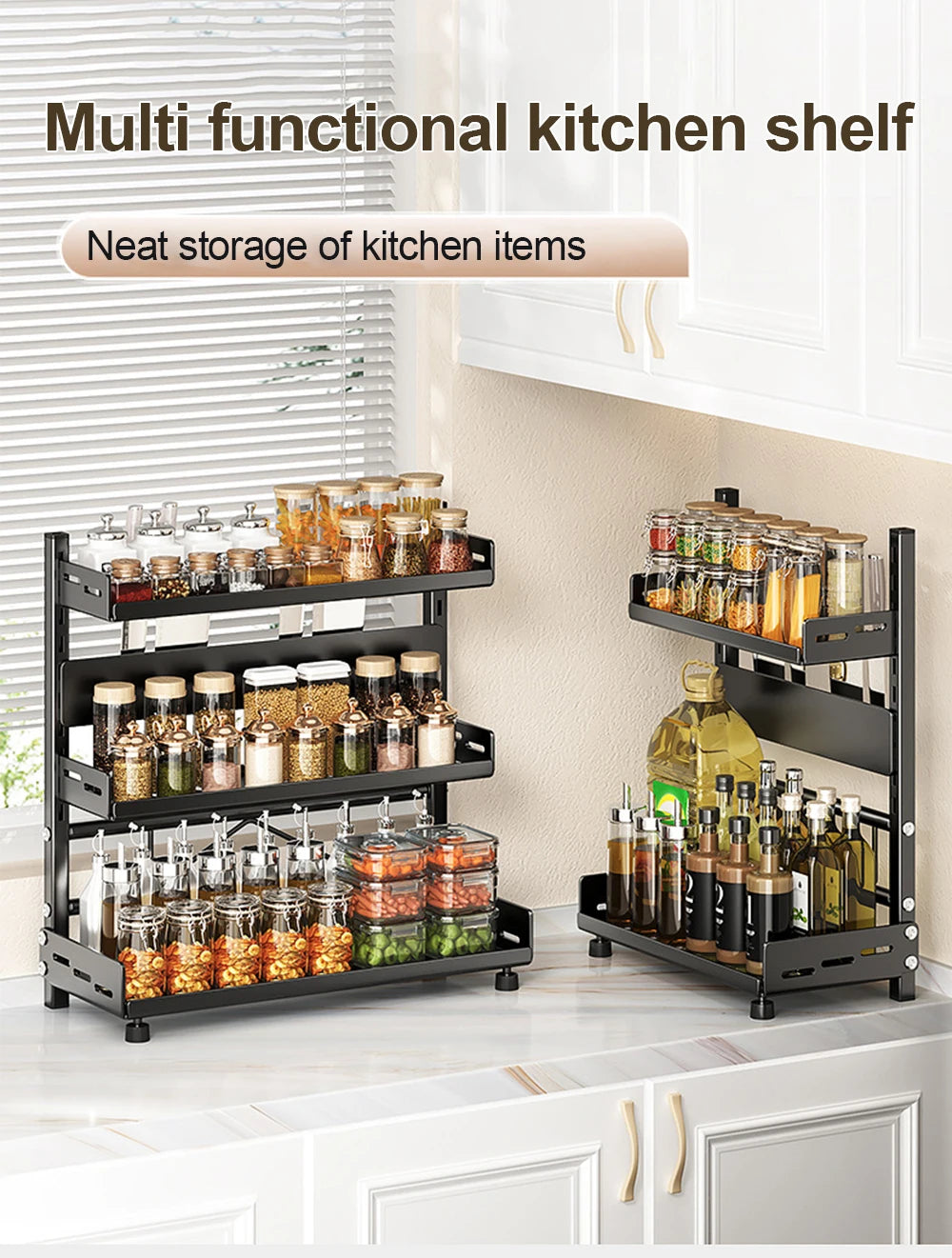 3-Tier Spice Storage Rack for Countertop, Adjustable Metal Kitchen Organizer Shelf for Cabinet & Pantry – Black