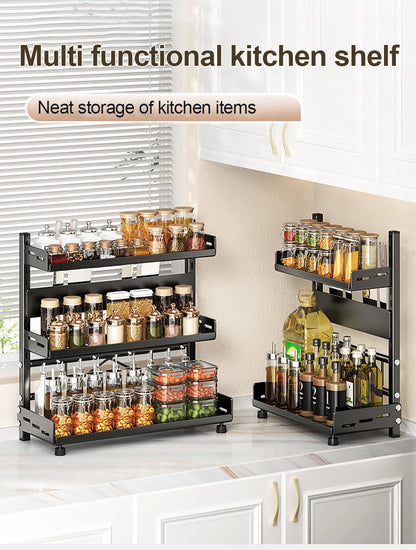 3-Tier Spice Storage Rack for Countertop, Adjustable Metal Kitchen Organizer Shelf for Cabinet & Pantry – Black
