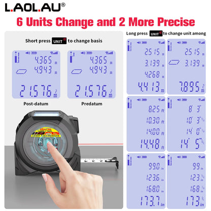 3-in-1 Laser Tape Measure with 60m/40m Rangefinder, 5m Retractable Tape, Cross Line Laser Level, LCD Backlight Display, ±3mm Accuracy, Magnetic Mount, AAA Battery Powered