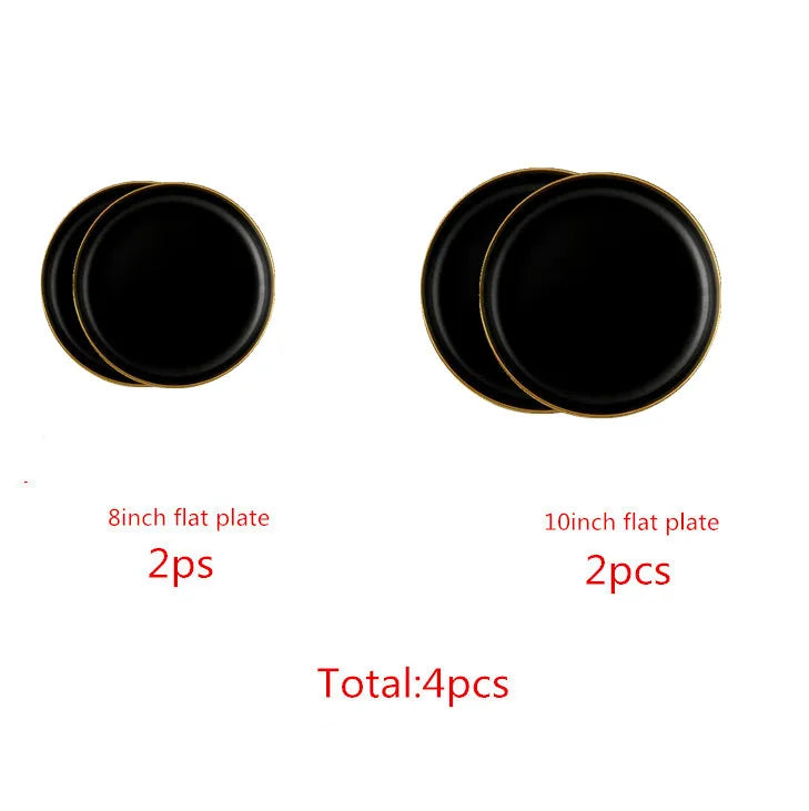 Black Porcelain Dinnerware Set with Gold Rim, Ceramic Plates, Bowls & Cutlery for Home & Restaurant Use