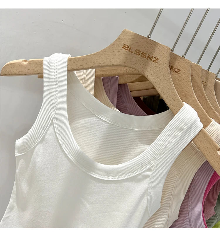 Women’s Ribbed Cotton Tank Top Solid Color Round Neck Camisole, High Stretch Summer Basic O-Neck Sleeveless Casual Top