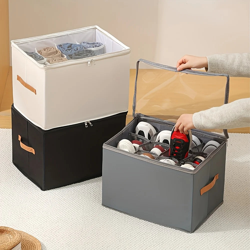 Foldable Shoe Organizer with Lid – Heavy-Duty Oxford Fabric Storage Box with Clear Front Panel