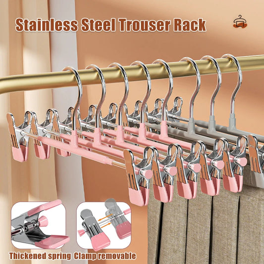 Stainless Steel Pants Hanger with Adjustable Clips – Anti-Slip Skirt & Trousers Rack for Wardrobe Storage