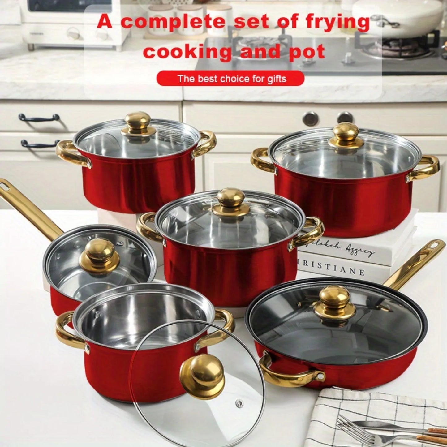 12PCS Stainless Steel Cookware Set, Non-Stick Pots & Pans with Lids, Multi-Color Kitchenware Set