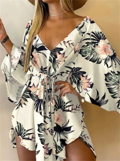 Women’s Floral Print Mini Dress with V-Neck and Batwing Sleeves, Bohemian Loose Fit Summer Beach Sundress Casual Vacation Dress
