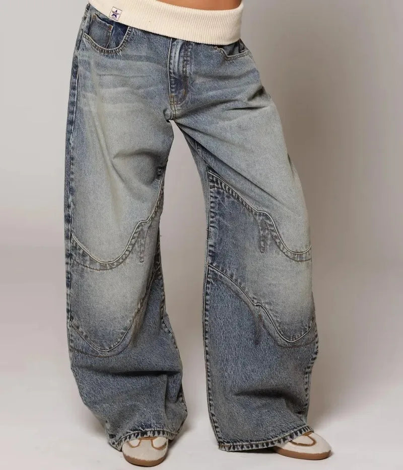 Y2K Hip-hop Stitching Fashion Joker Retro Jeans Female Korean Casual Simple Dress Essential Wide-leg Pants Loose  Joker Overalls