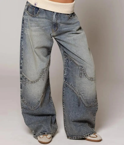 Y2K Hip-hop Stitching Fashion Joker Retro Jeans Female Korean Casual Simple Dress Essential Wide-leg Pants Loose  Joker Overalls