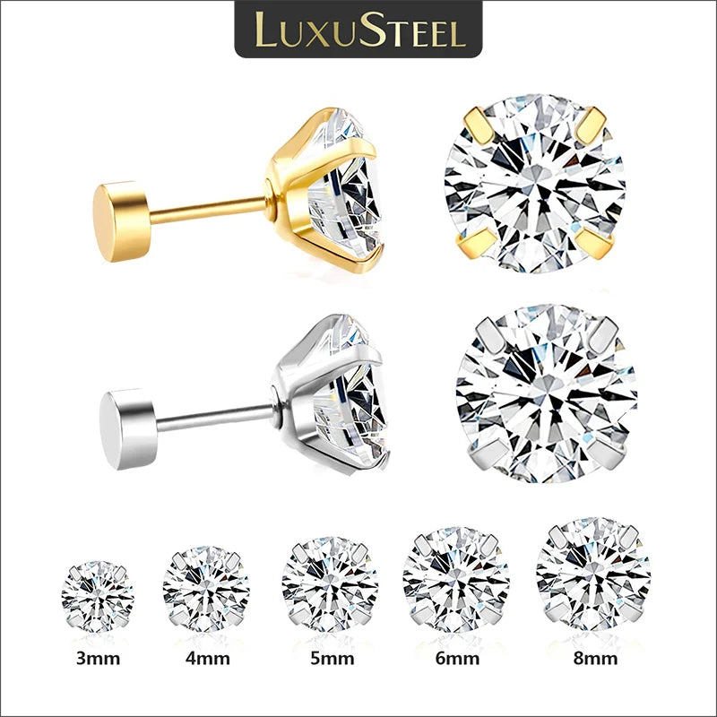 LUXUSTEEL Stainless Steel Crystal Stud Earrings for Men and Women, Round Clear Cubic Zirconia 4-Prong Tragus and Lobe Jewelry, 1 Pair (2 Pieces)