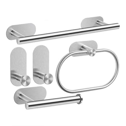 No-Drill Stainless Steel Bathroom Accessories Set, Self-Adhesive Towel Bar, Paper Holder, Towel Ring & Robe Hook