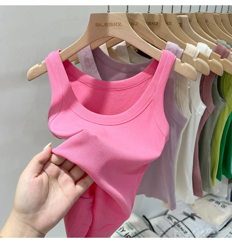 Women’s Ribbed Cotton Tank Top Solid Color Round Neck Camisole, High Stretch Summer Basic O-Neck Sleeveless Casual Top
