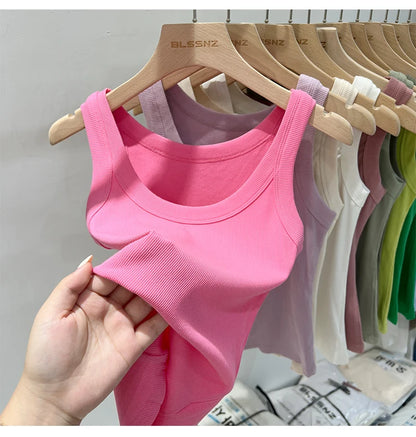Women’s Ribbed Cotton Tank Top Solid Color Round Neck Camisole, High Stretch Summer Basic O-Neck Sleeveless Casual Top