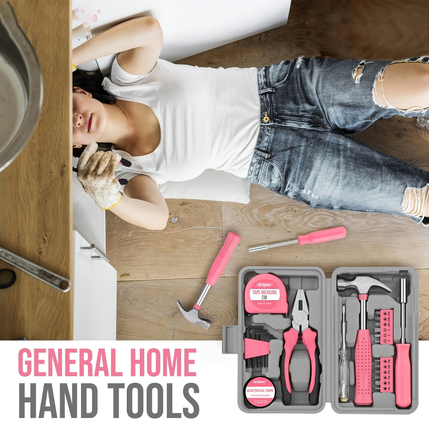 24-Piece Pink Tool Kit for Women, Mini Home Toolbox Set with Hammer, Pliers, Wrench and Screwdriver