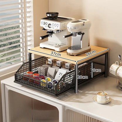 Modern Kitchen Microwave Rack, Solid Wood & Metal Countertop Storage Shelf, Space-Saving Organizer