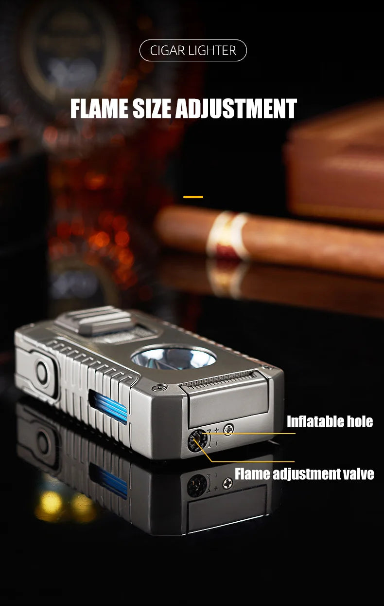 Strong Three Flame Cigar Lighter Multi-function V-shaped Cigar Cutter Bottom Cigar Drill Cigar Thru Needle Visual Gas Window