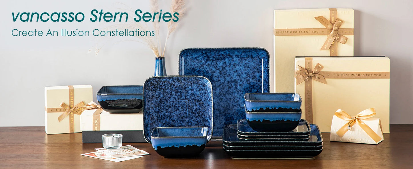 Vancasso Square Blue Ceramic Dinnerware Set, Reactive Glaze Plates & Bowls