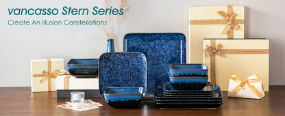 Vancasso Square Blue Ceramic Dinnerware Set, Reactive Glaze Plates & Bowls