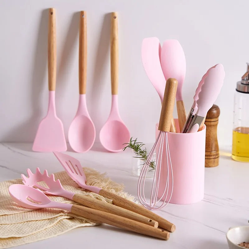 12-Piece Silicone Kitchen Utensil Set with Storage Block, Non-Scratch Cooking Tools & Spatulas