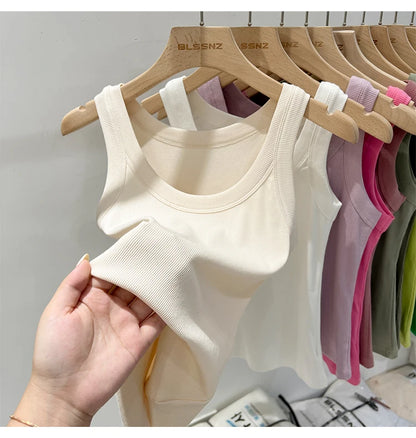 Women’s Ribbed Cotton Tank Top Solid Color Round Neck Camisole, High Stretch Summer Basic O-Neck Sleeveless Casual Top