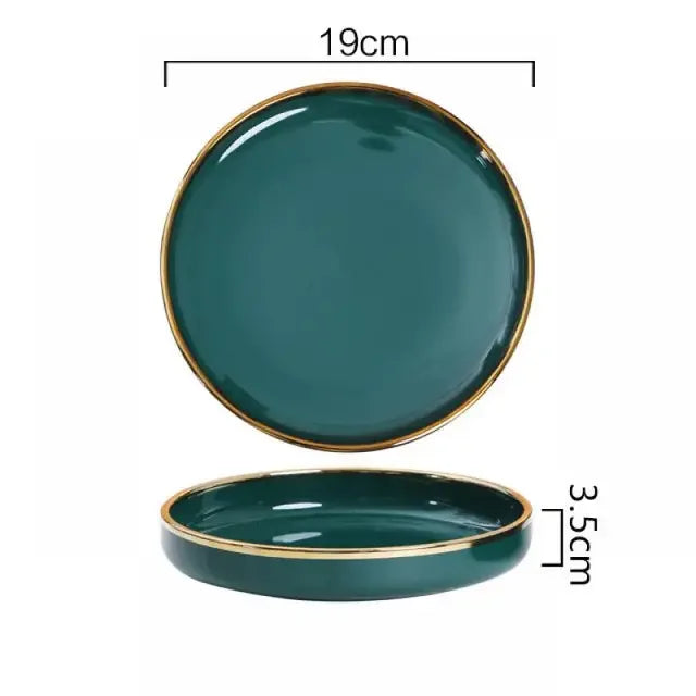 Luxury Green Ceramic Dinnerware Set with Gold Rim, Porcelain Plates & Bowls for Dessert, Salad & Soup