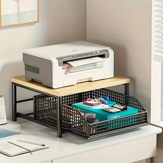 Modern Kitchen Microwave Rack, Solid Wood & Metal Countertop Storage Shelf, Space-Saving Organizer