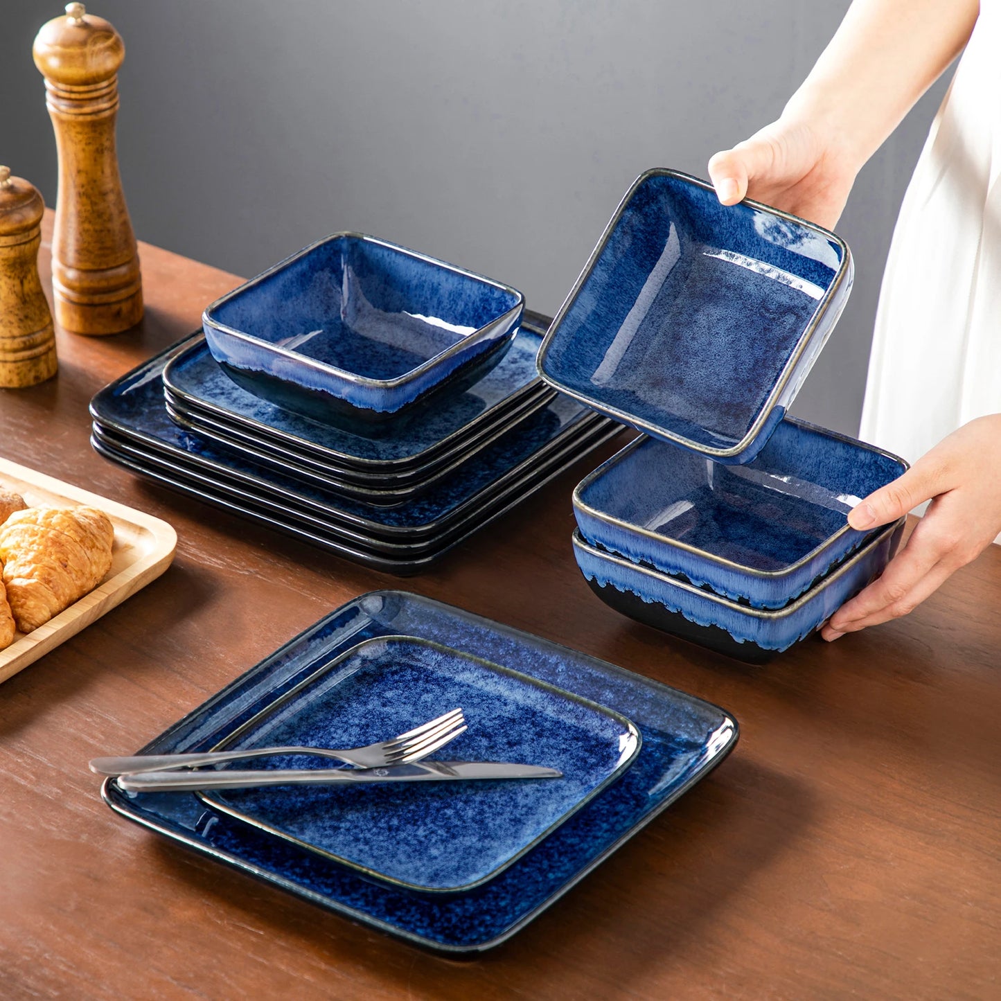 Vancasso Square Blue Ceramic Dinnerware Set, Reactive Glaze Plates & Bowls