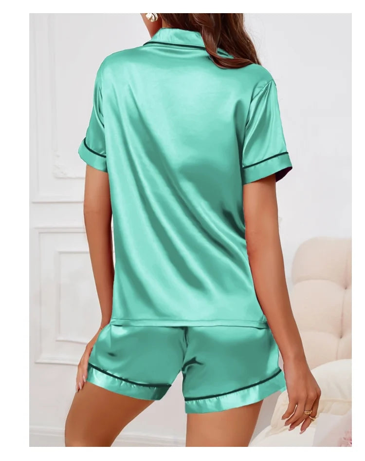 Women’s Satin Pajama Set Button-Down Sleepwear with Short Sleeve Top and Shorts, 2-Piece Summer Loungewear Nightwear Set