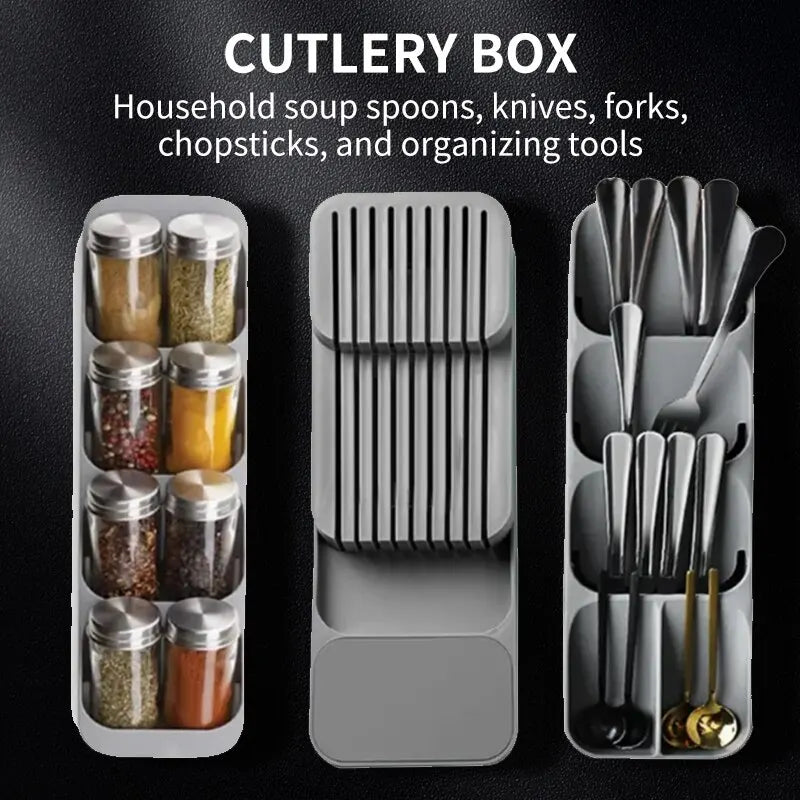 Kitchen Drawer Cutlery Storage Tray, Multi-Functional Knife Holder & Spoon Fork Organizer with Spice Bottle Storage Rack