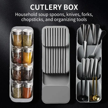 Kitchen Drawer Cutlery Storage Tray, Multi-Functional Knife Holder & Spoon Fork Organizer with Spice Bottle Storage Rack