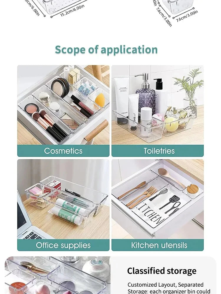 Drawer Organizers Set, Clear Plastic Desk Dividers & Storage Bins for Bedroom Dresser, Office, Makeup, Jewelry & Gadgets