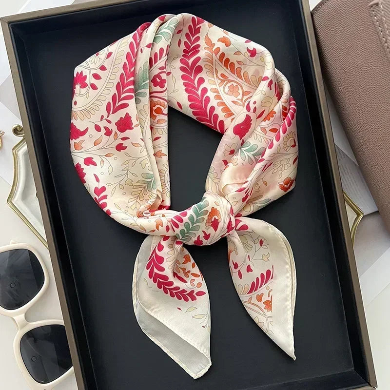 Luxury Printed Silk-Style Square Scarf for Women, Soft Satin Neckerchief Headband and Hair Ribbon, Fashion Hijab and Bag Accessory for Office and Daily Wear