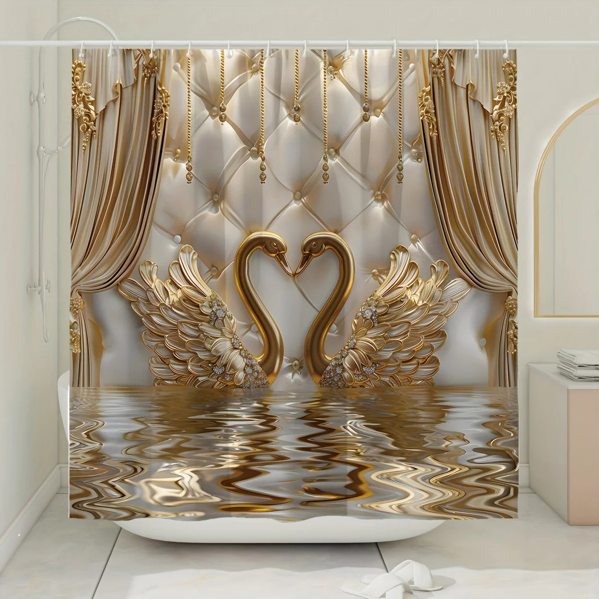 Luxury Gold Swan Bathroom Set 4PCS, Elegant Shower Curtain & Bath Mat Set with 3D Swan Design