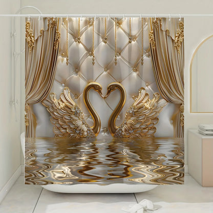 Luxury Gold Swan Bathroom Set 4PCS, Elegant Shower Curtain & Bath Mat Set with 3D Swan Design