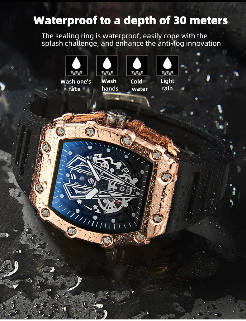 WLISTH Men’s Large Dial Square Quartz Watch, Waterproof Sport Wristwatch with Luminous Hands, Rubber Strap, and Calendar Display