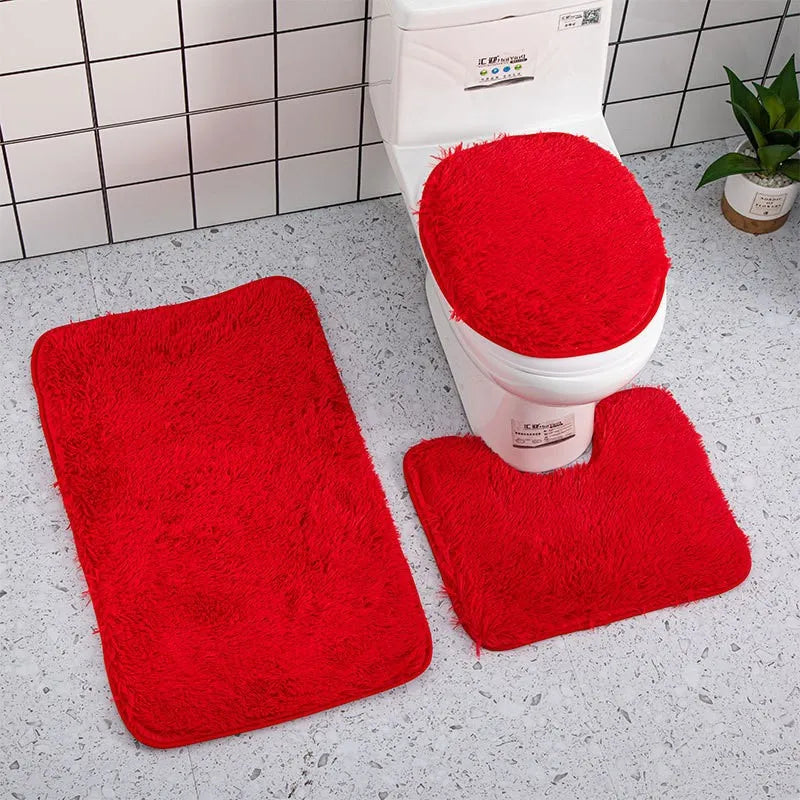 3PCS Bathroom Rug Set, Non-Slip Bath Mats with Toilet Lid Cover, Soft Fluffy Solid Color Bathroom Carpet Set