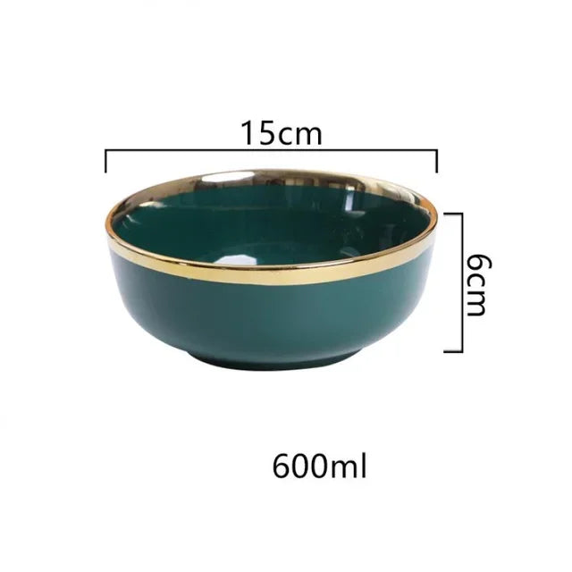 Luxury Green Ceramic Dinnerware Set with Gold Rim, Porcelain Plates & Bowls for Dessert, Salad & Soup