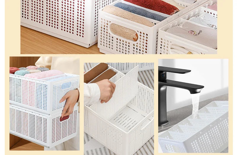 Foldable Storage Basket with Adjustable Dividers – Stackable Drawer Organizer for Bra, Underwear & Clothes