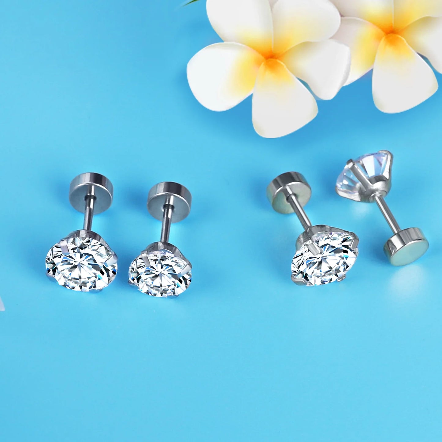 LUXUSTEEL Stainless Steel Crystal Stud Earrings for Men and Women, Round Clear Cubic Zirconia 4-Prong Tragus and Lobe Jewelry, 1 Pair (2 Pieces)