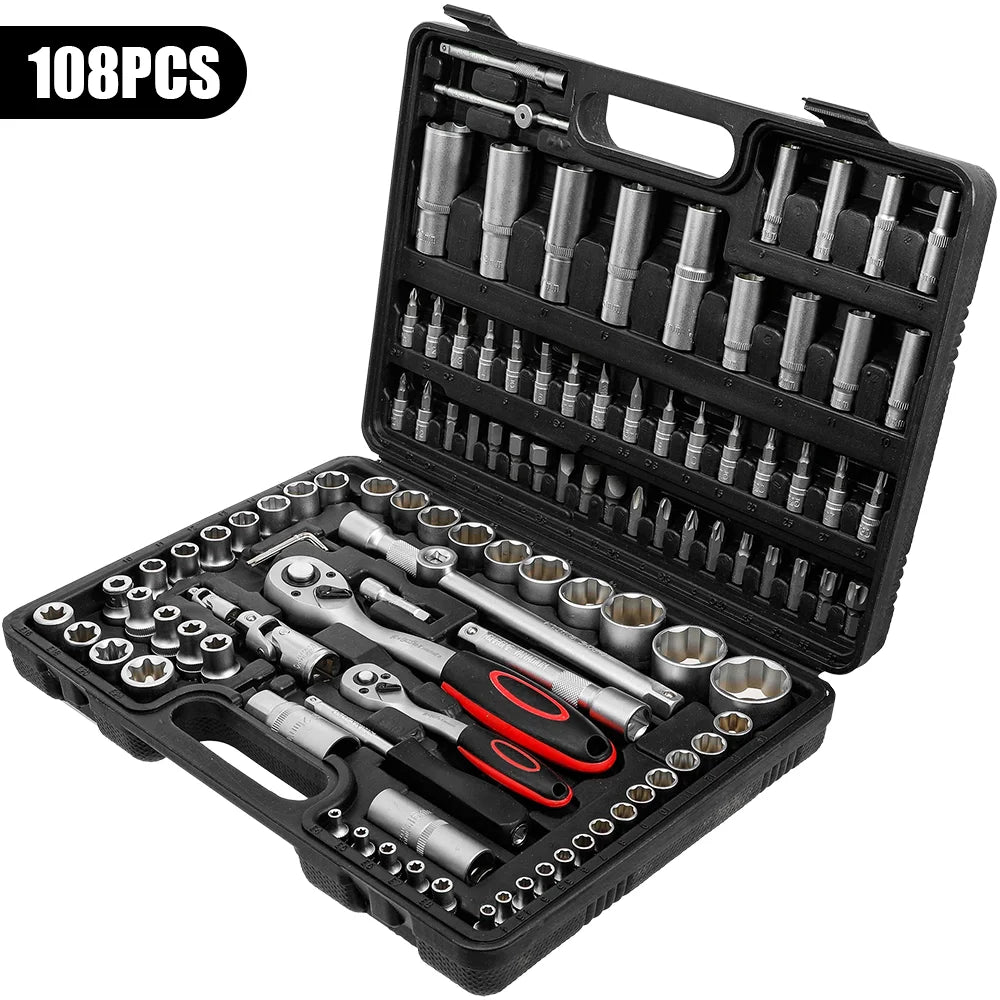 108-Piece Ratchet Socket Wrench Set, Car Repair Tool Kit with Spanner, Screwdriver Bits and Storage Case