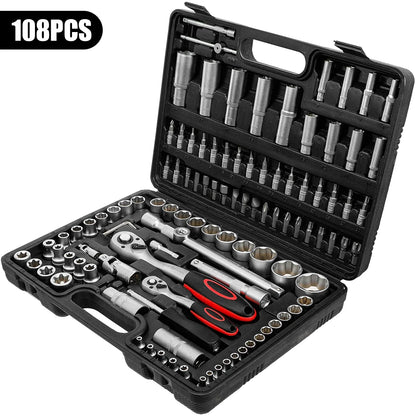 108-Piece Ratchet Socket Wrench Set, Car Repair Tool Kit with Spanner, Screwdriver Bits and Storage Case