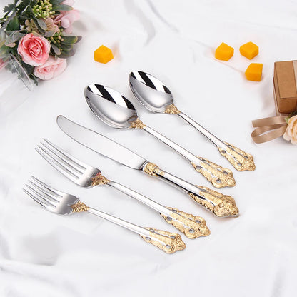 20/30PCS Luxury Gold & Silver Cutlery Set, Vintage Stainless Steel Flatware with Engraved Forks, Spoons & Knives